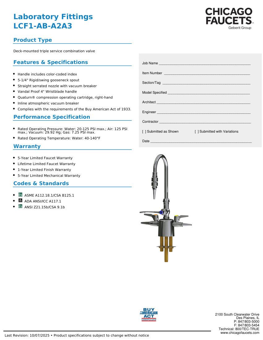 Chicago Faucets LCF1-AB-A2A3 cut sheet — first page