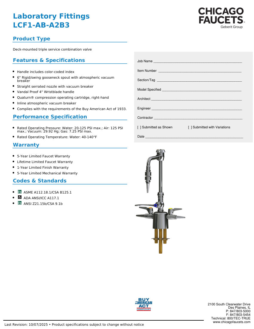 Chicago Faucets LCF1-AB-A2B3 cut sheet — first page