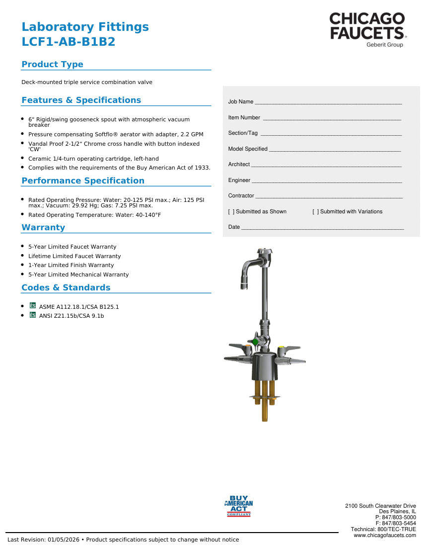 Chicago Faucets LCF1-AB-B1B2 cut sheet — first page