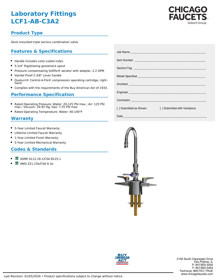 Chicago Faucets LCF1-AB-C3A2 cut sheet — first page