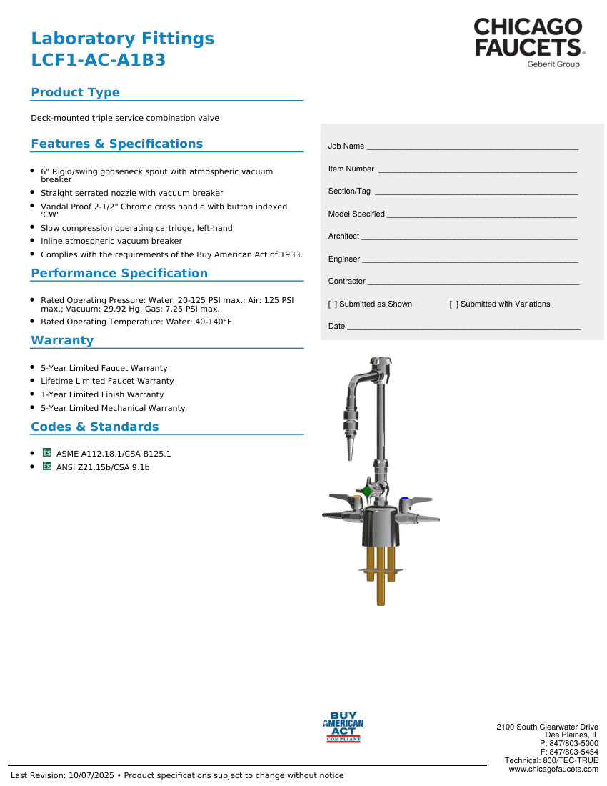 Chicago Faucets LCF1-AC-A1B3 cut sheet — first page