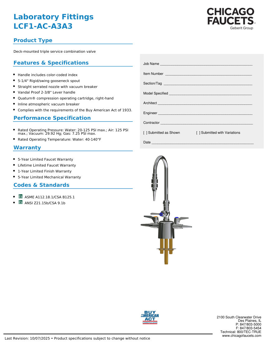 Chicago Faucets LCF1-AC-A3A3 cut sheet — first page