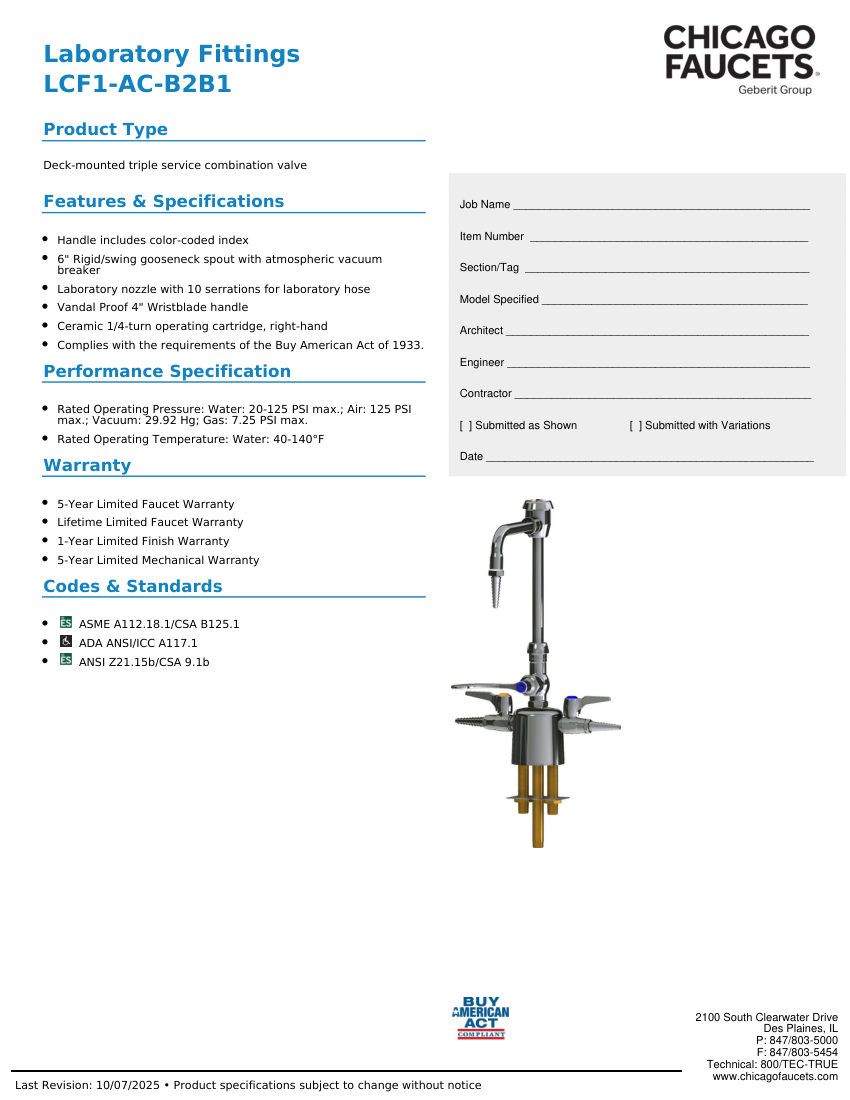 Chicago Faucets LCF1-AC-B2B1 cut sheet — first page
