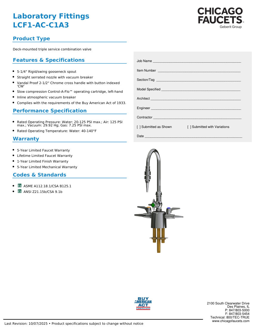 Chicago Faucets LCF1-AC-C1A3 cut sheet — first page
