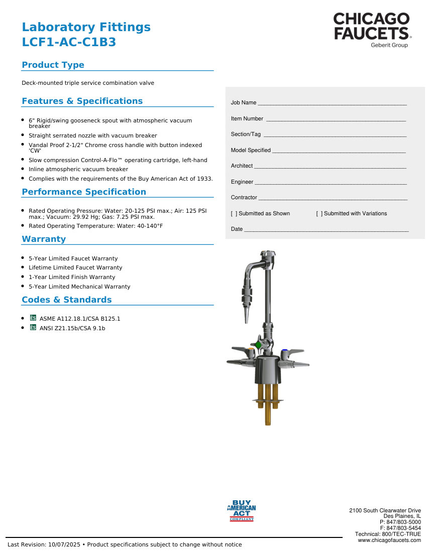 Chicago Faucets LCF1-AC-C1B3 cut sheet — first page