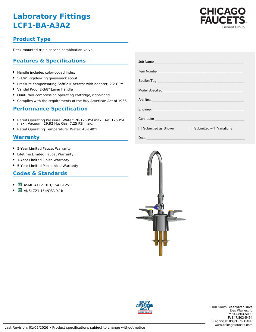 Chicago Faucets LCF1-BA-A3A2 cut sheet — first page