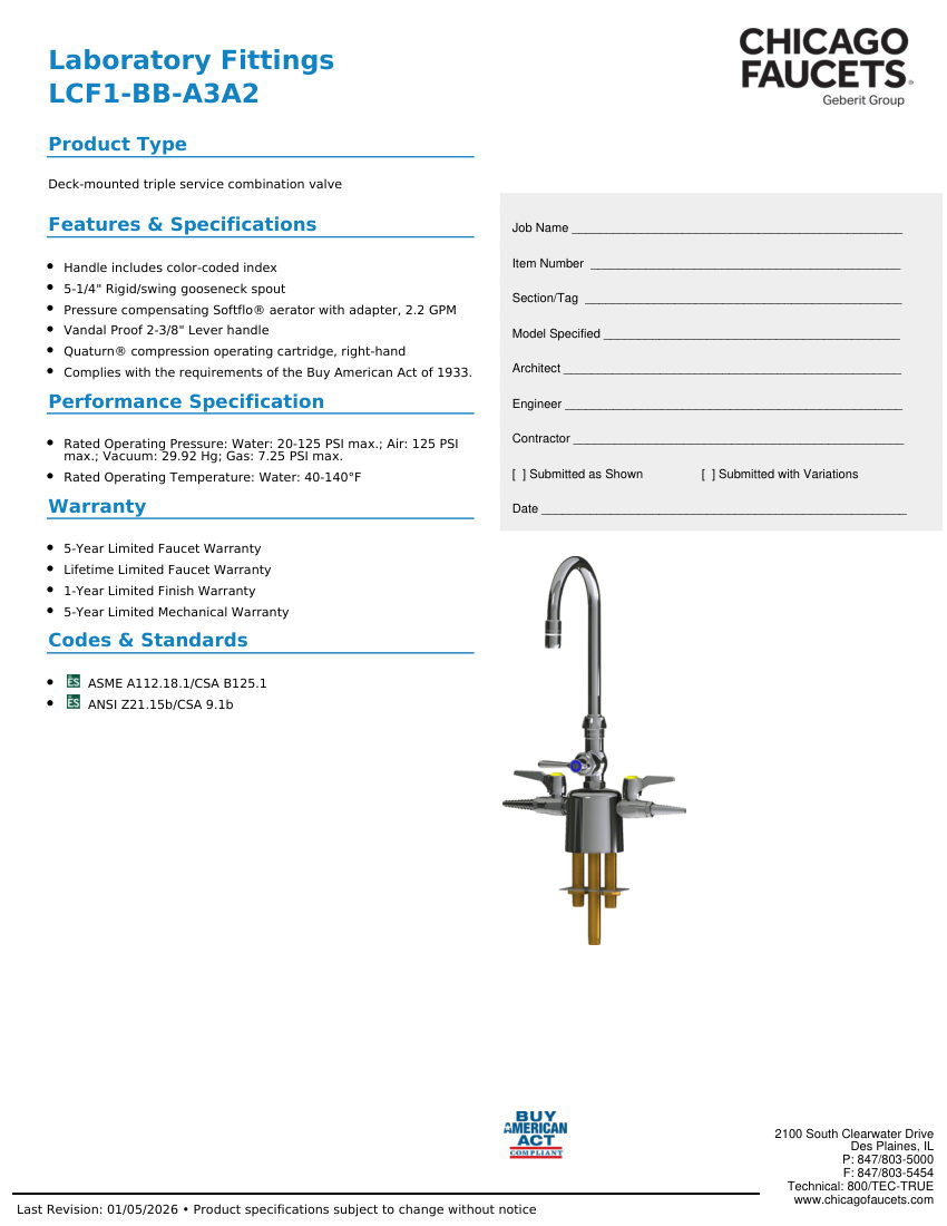 Chicago Faucets LCF1-BB-A3A2 cut sheet — first page