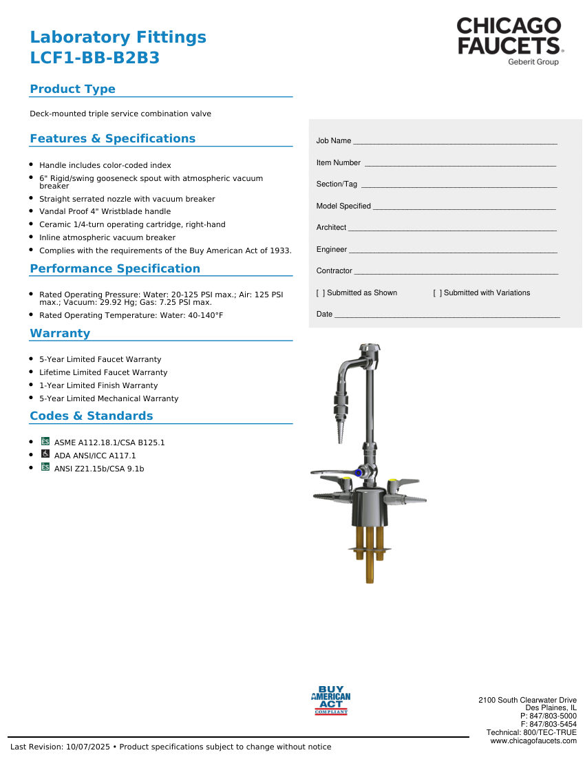 Chicago Faucets LCF1-BB-B2B3 cut sheet — first page