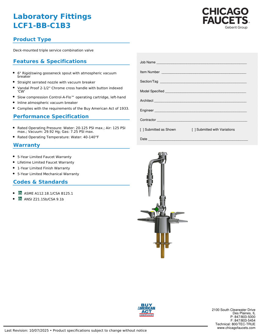 Chicago Faucets LCF1-BB-C1B3 cut sheet — first page