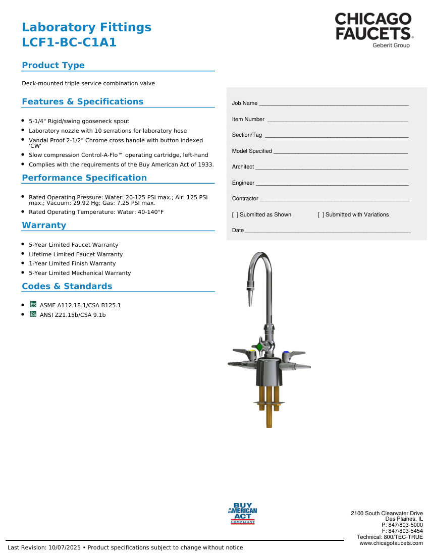 Chicago Faucets LCF1-BC-C1A1 cut sheet — first page