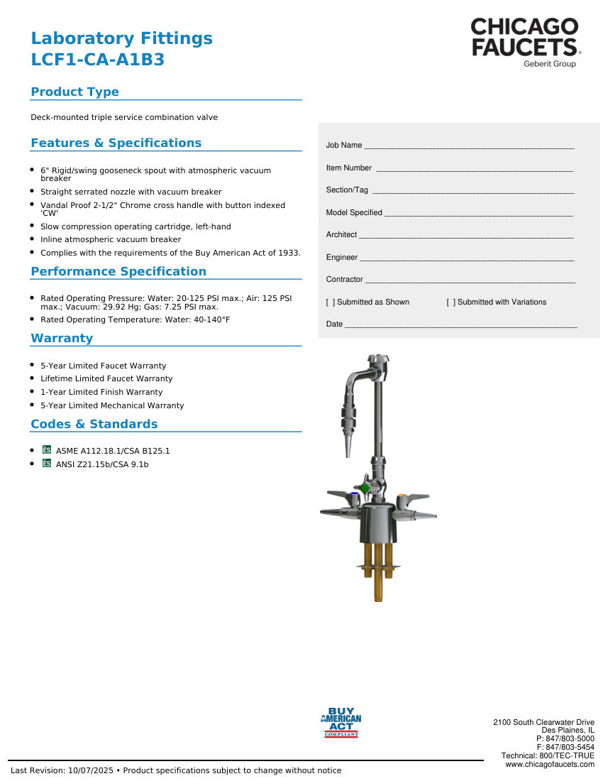 Chicago Faucets LCF1-CA-A1B3 cut sheet — first page