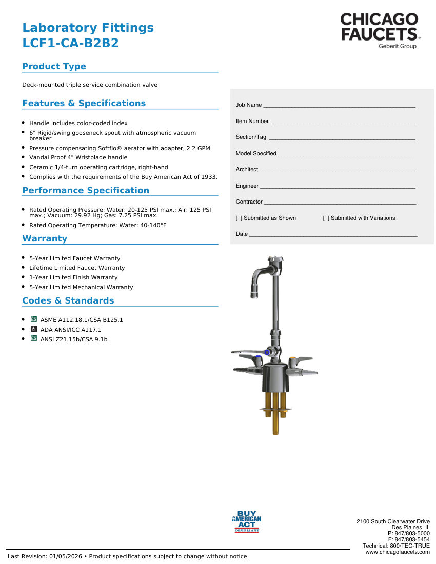 Chicago Faucets LCF1-CA-B2B2 cut sheet — first page