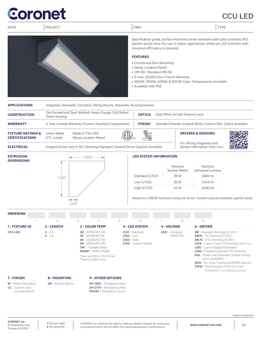 Coronet CCU cut sheet — first page