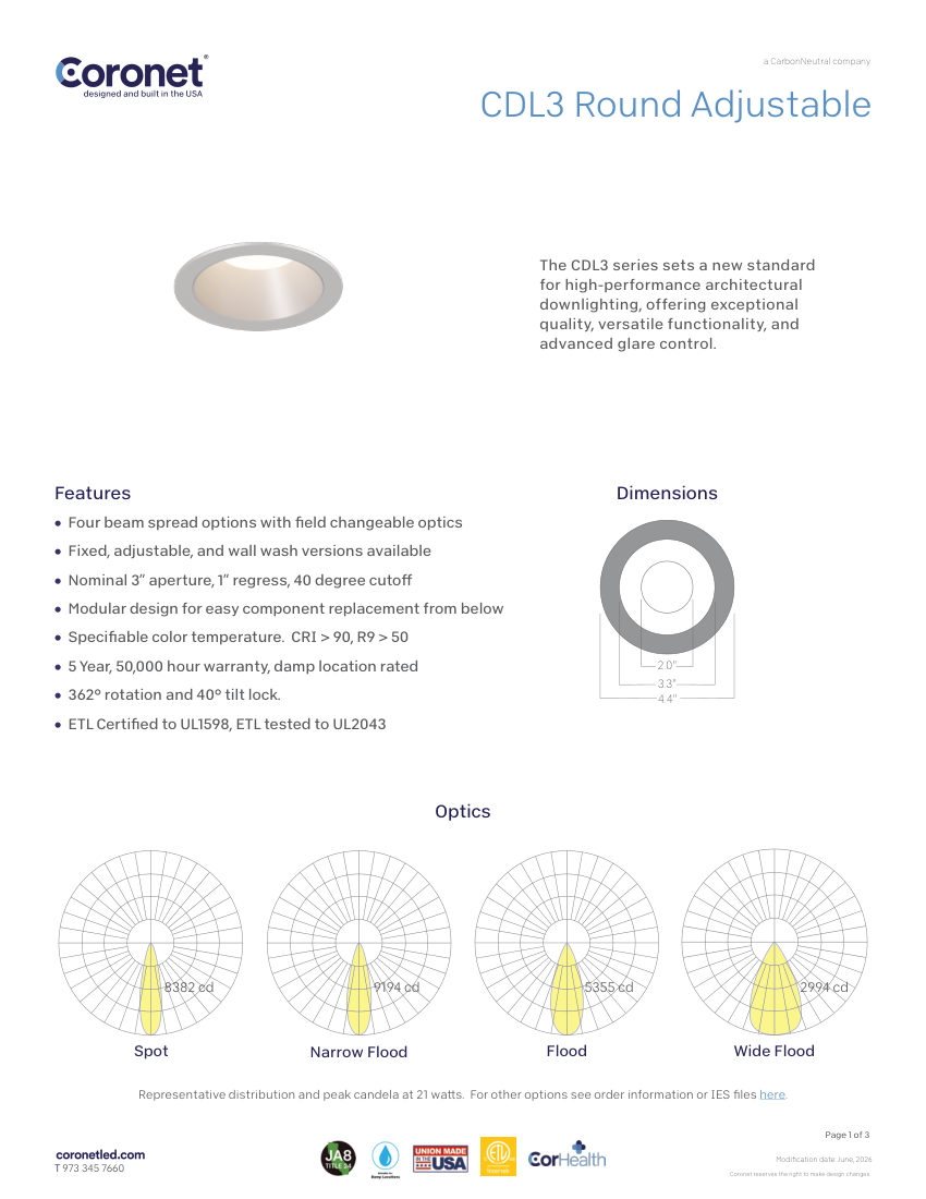 Coronet CDL3-ROUND-ADJ-3"-ARCHITECTURAL-DOWNLIGH cut sheet — first page