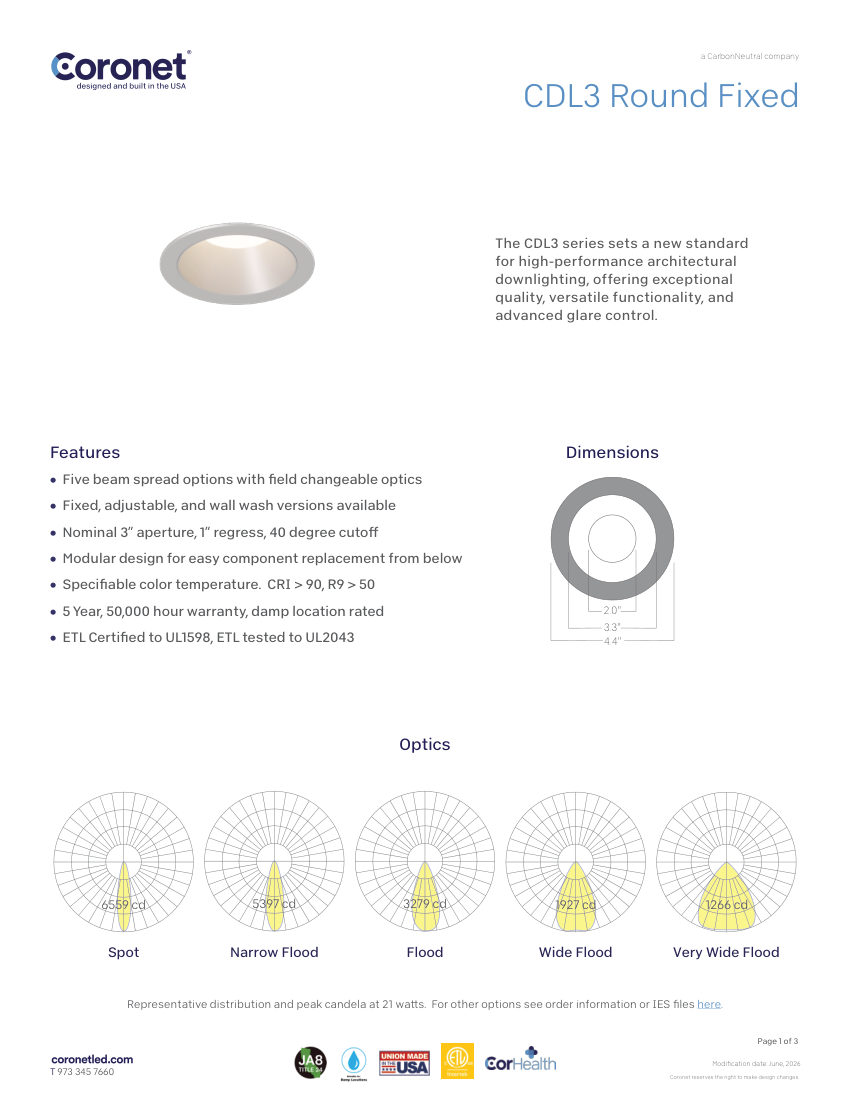 Coronet CDL3-ROUND-FIXED-3"-ARCHITECTURAL-DOWNLI cut sheet — first page
