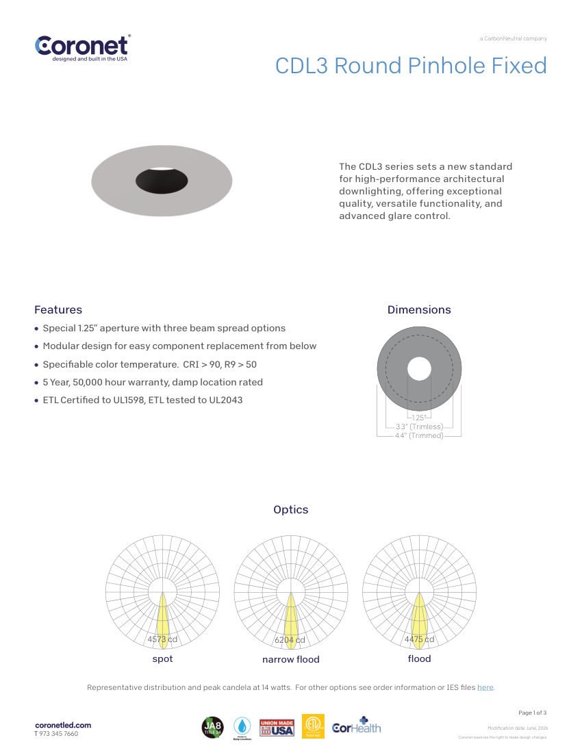 Coronet CDL3-ROUND-PINHOLE-DOWNLIGHTS cut sheet — first page