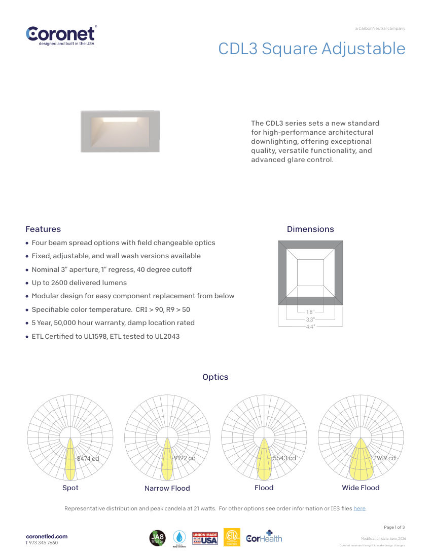 Coronet CDL3-SQUARE-ADJ-3"-ARCHITECTURAL-DOWNLIG cut sheet — first page