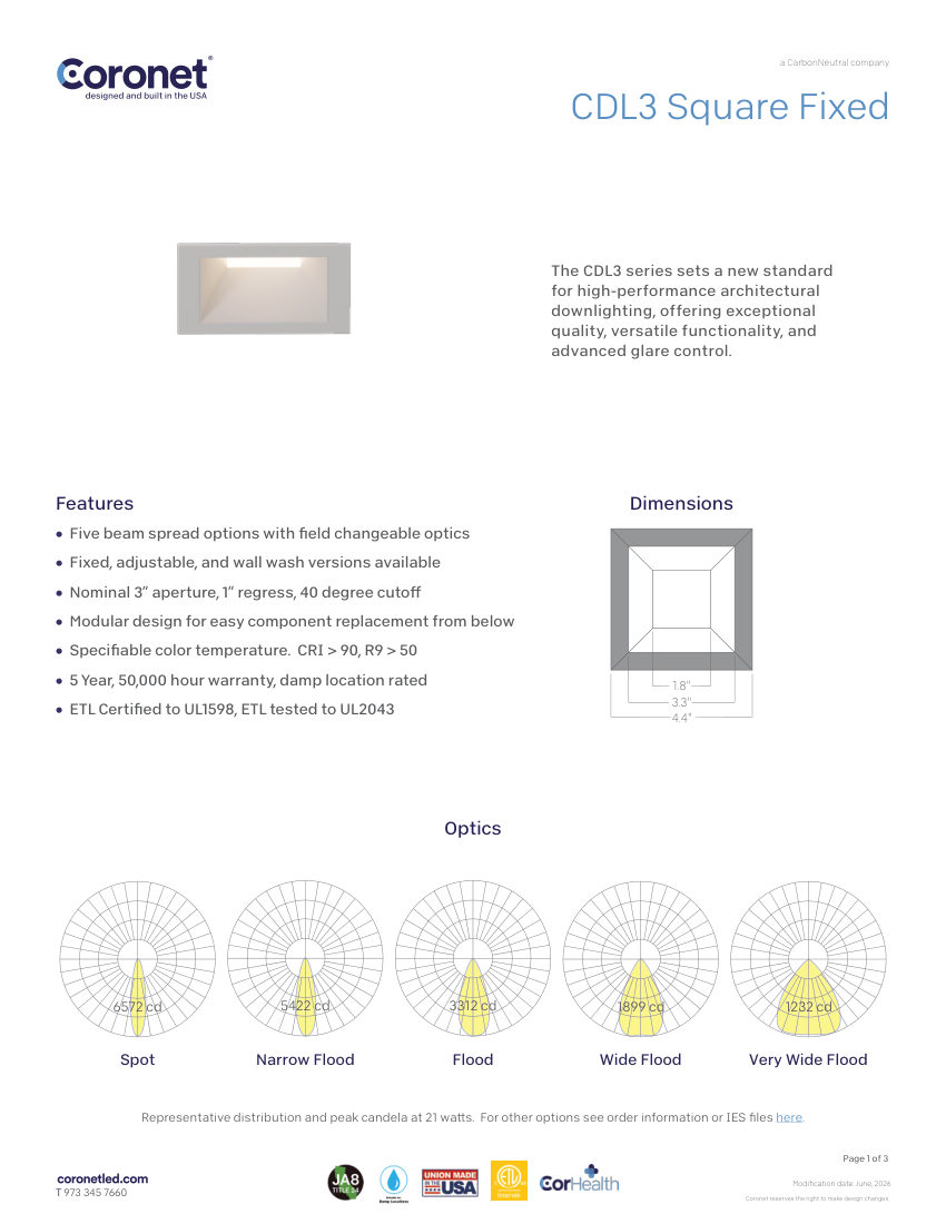 Coronet CDL3-SQUARE-FIXED-3"-ARCHITECTURAL-DOWNL cut sheet — first page