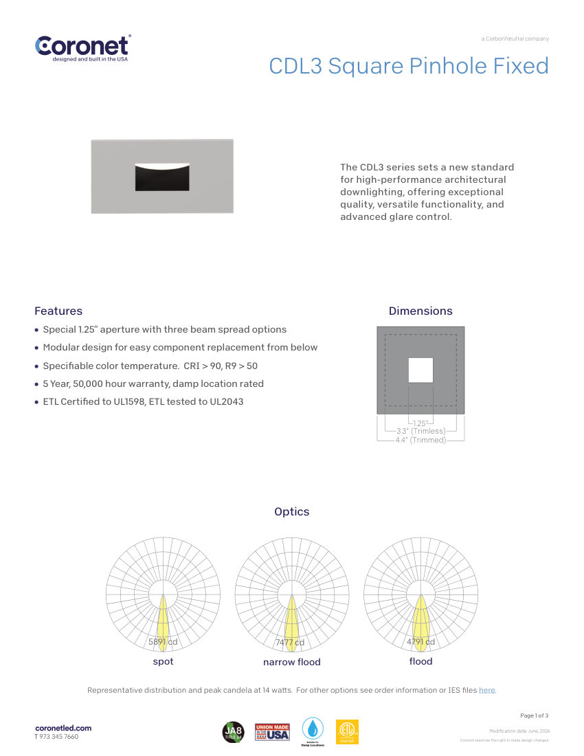 Coronet CDL3-SQUARE-PINHOLE-DOWNLIGHTS cut sheet — first page