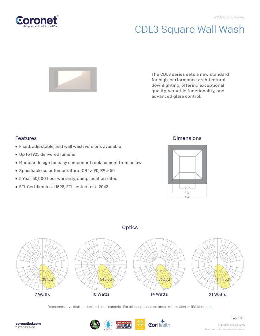 Coronet CDL3-SQUARE-WW-3"-ARCHITECTURAL-DOWNLIGH cut sheet — first page