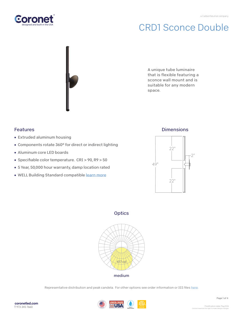 Coronet CRD1-DECORATIVE-SCONCE cut sheet — first page