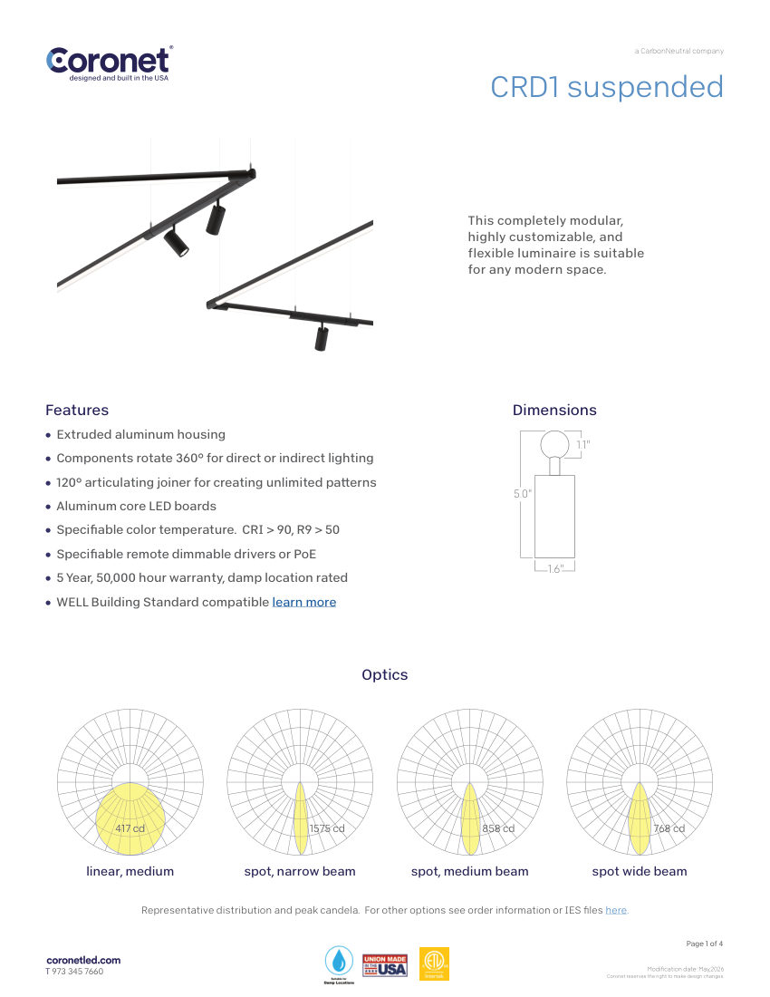 Coronet CRD1-MODULAR-LIGHT-TUBE-AND-SPOT-SYSTEM cut sheet — first page