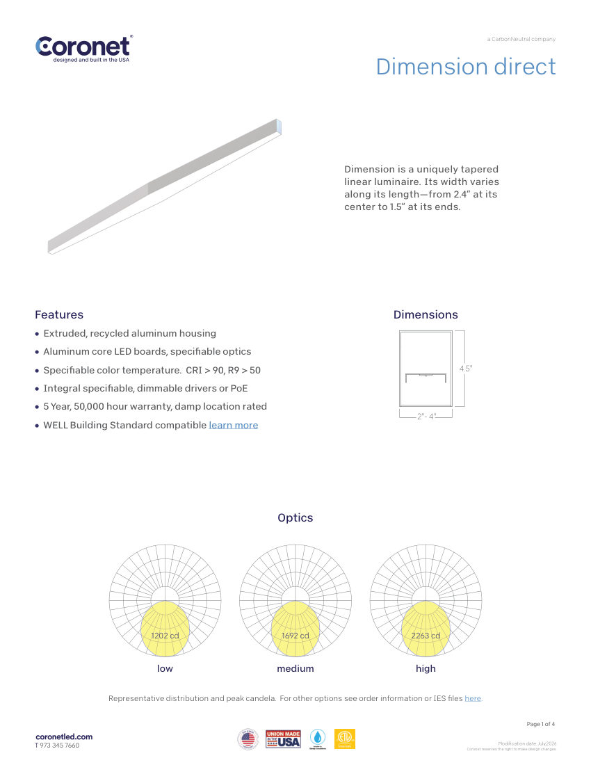 Coronet DIMENSION-LINEAR-PENDANT-LED-LUMINAIRE cut sheet — first page