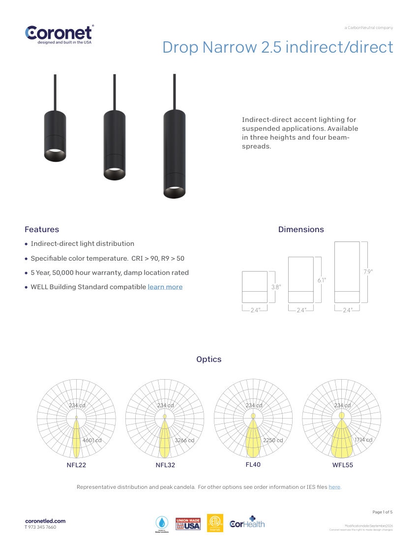 Coronet DROP-LED-CYLINDER-PENDANT cut sheet — first page