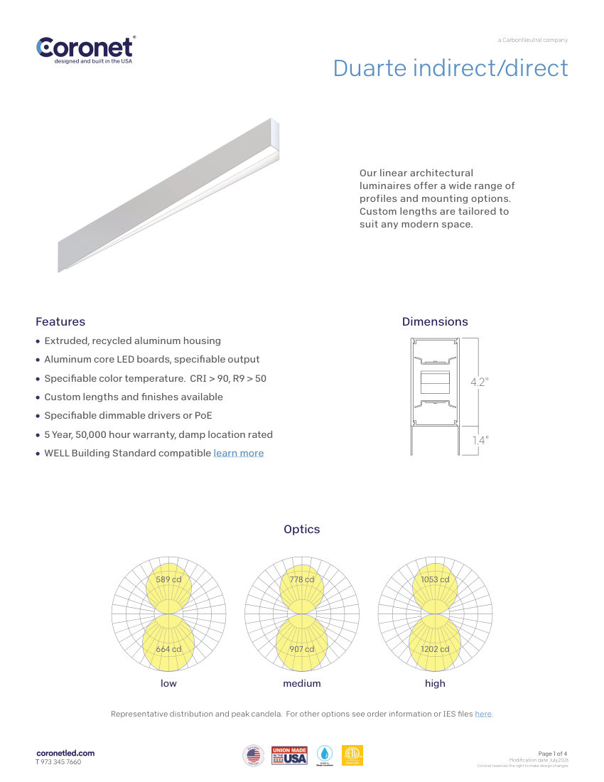 Coronet DUARTE-LINEAR-PENDANT-LED-LUMINAIRE cut sheet — first page