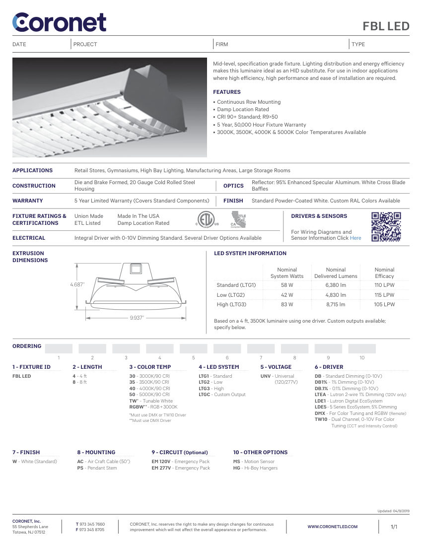 Coronet FBL-INDUSTRIAL-LIGHTING-FIXTURE-WITH-BAF cut sheet — first page