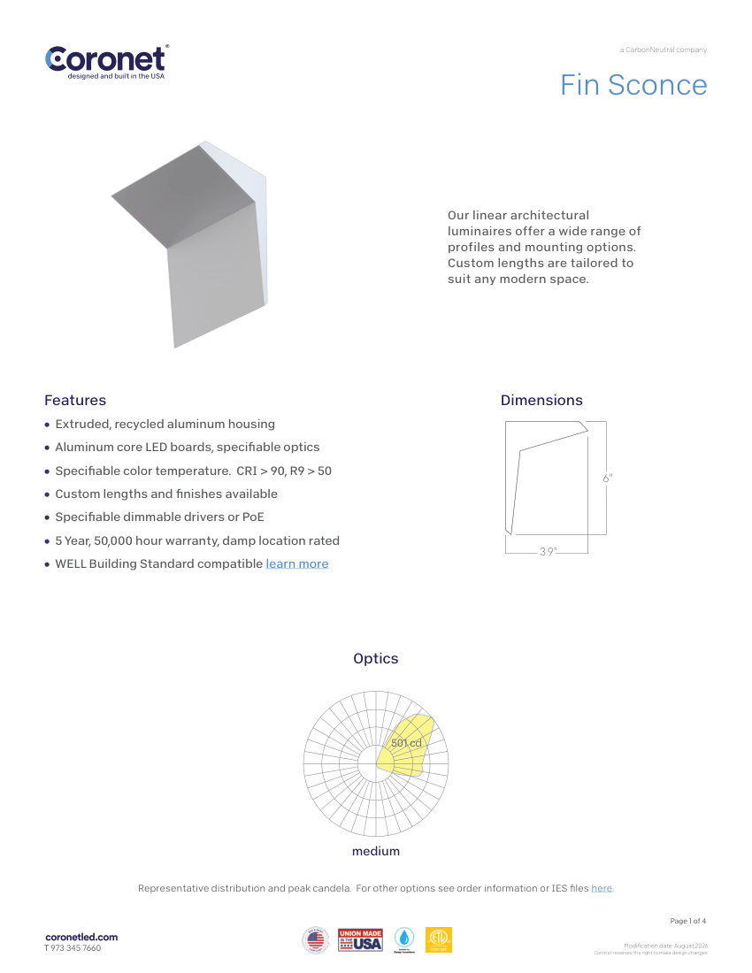 Coronet FIN-WALL-MOUNTED-LED-UPLIGHT cut sheet — first page