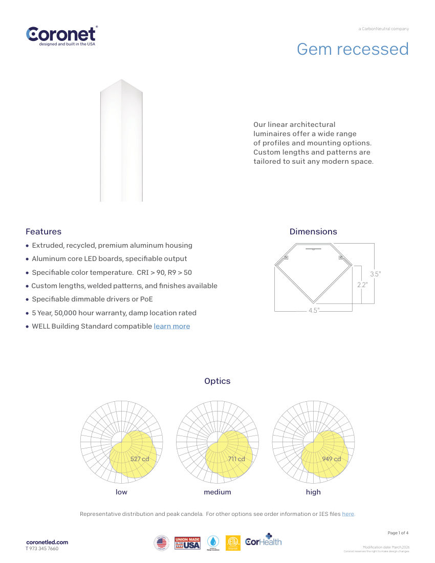 Coronet GEM-RECESSED cut sheet — first page