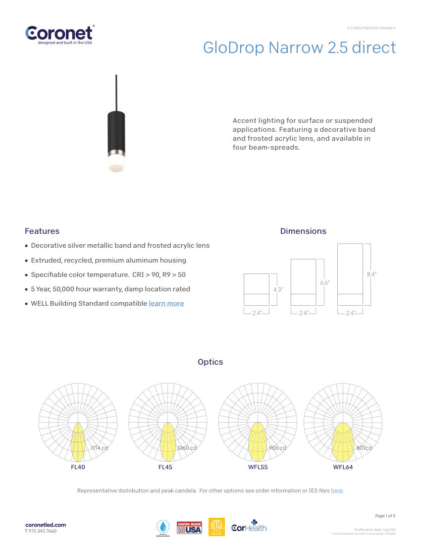 Coronet GLODROP-NARROW-2.5-LED-CYLINDER-PENDANT cut sheet — first page