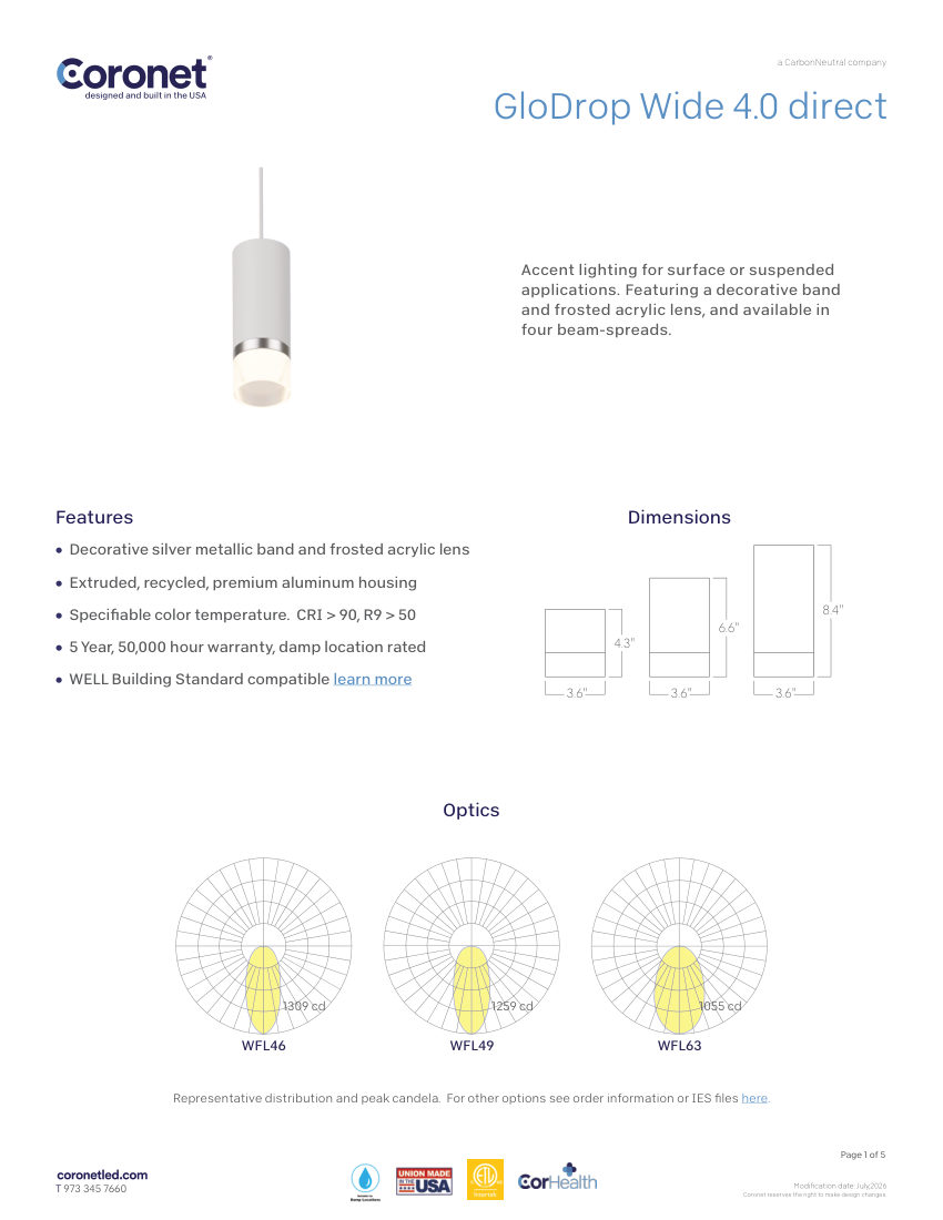 Coronet GLODROP-WIDE-4-LED-CYLINDER-PENDANT cut sheet — first page