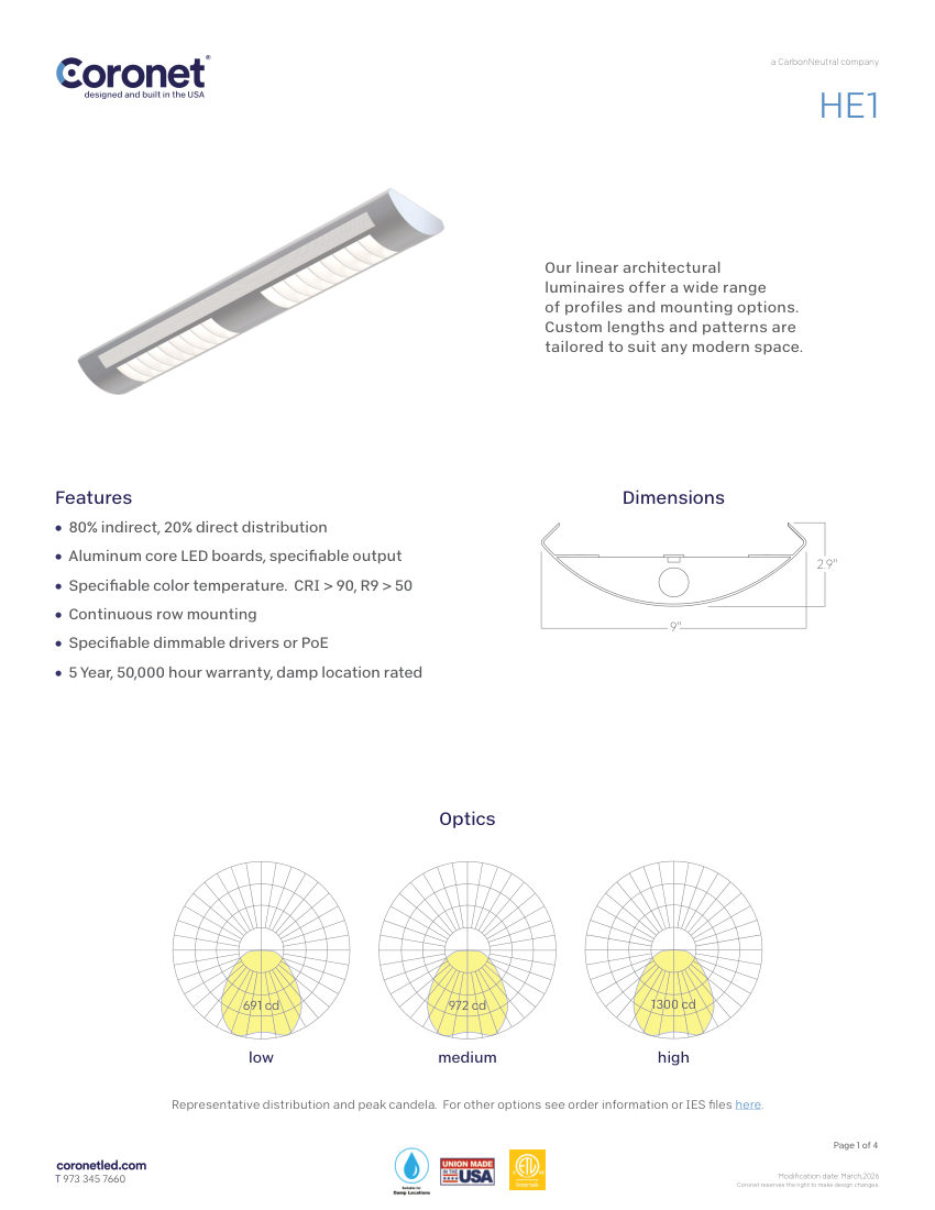 Coronet HE1-LED-LINEAR-LIGHT-FIXTURE cut sheet — first page