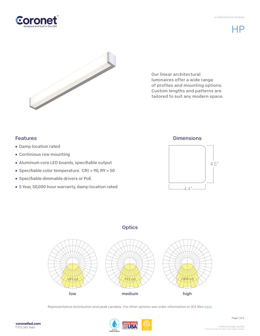 Coronet HP-LED-LIGHTING-FIXTURE cut sheet — first page