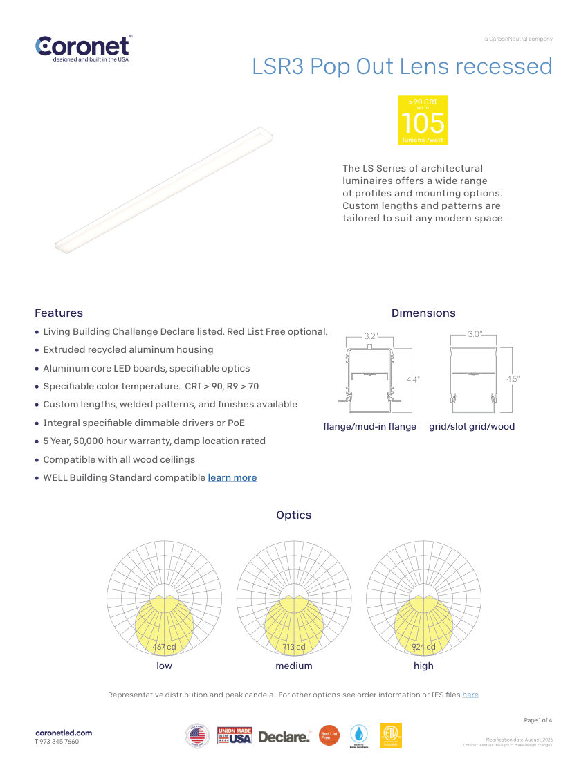 Coronet LINEAR,-RECESSED,-ARCHITECTURAL-LUMINAIR cut sheet — first page