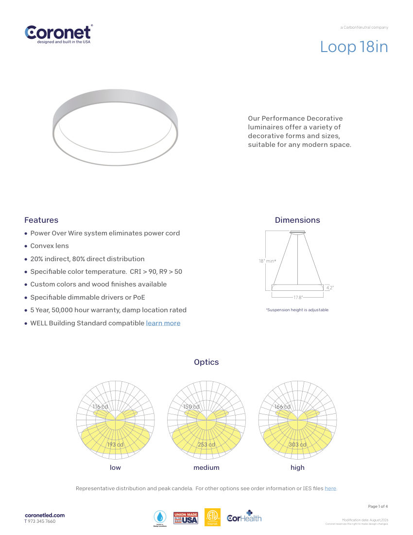 Coronet LOOP-PENDANT-LED-LIGHT-FIXTURE cut sheet — first page