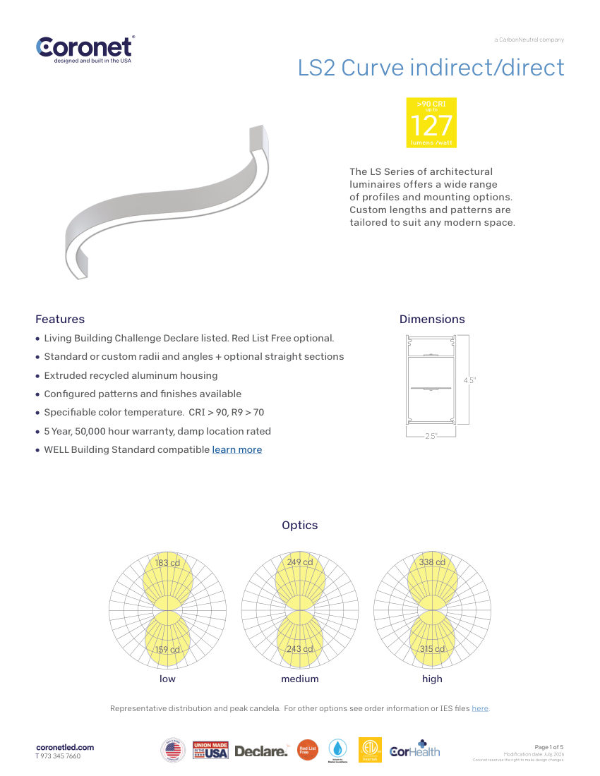 Coronet LS-CURVE-CUSTOM-ARCHITECTURAL-LUMINAIRE cut sheet — first page