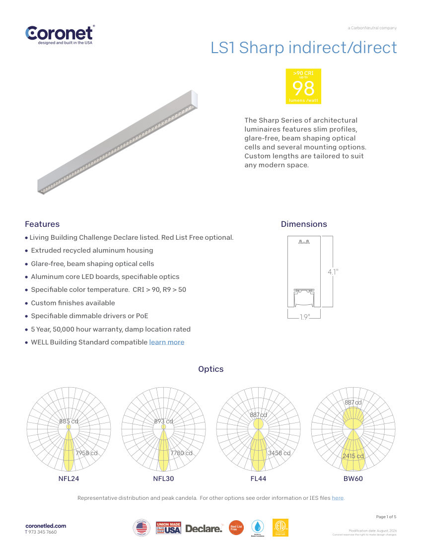 Coronet LS1-SHARP-LINEAR-PENDANT-LED-LUMINAIRE cut sheet — first page