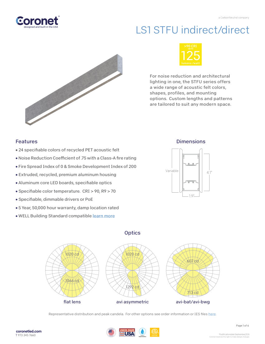 Coronet LS1---STFU-ACOUSTIC-LUMINAIRE cut sheet — first page