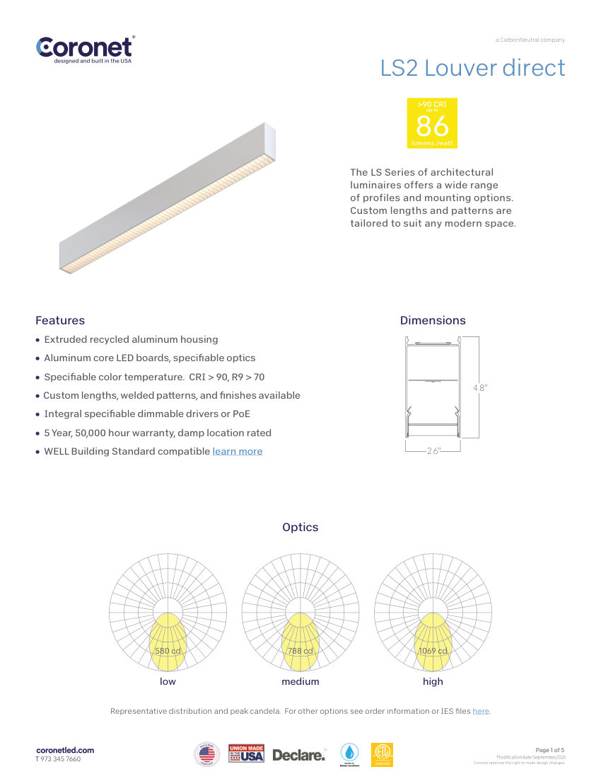 Coronet LS2-LOUVER cut sheet — first page