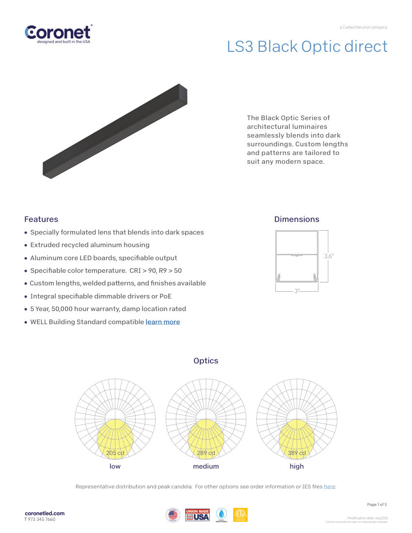 Coronet LS3-BKO cut sheet — first page