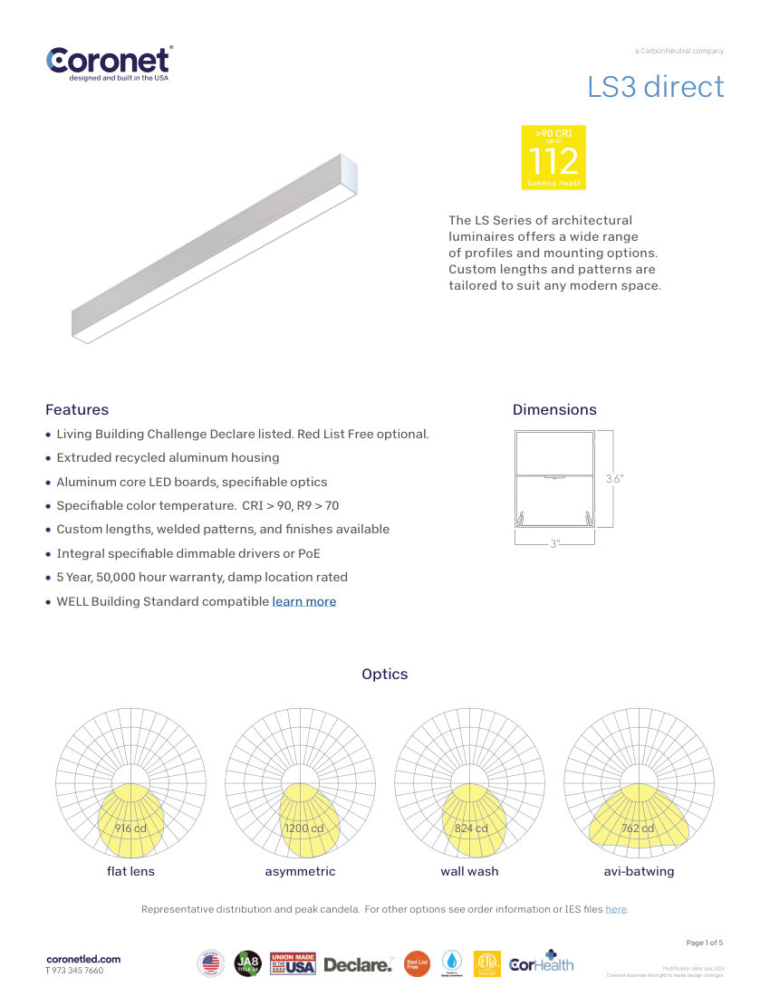 Coronet LS3-LED-LINEAR-PENDANT-COMMERCIAL-LIGHTI cut sheet — first page