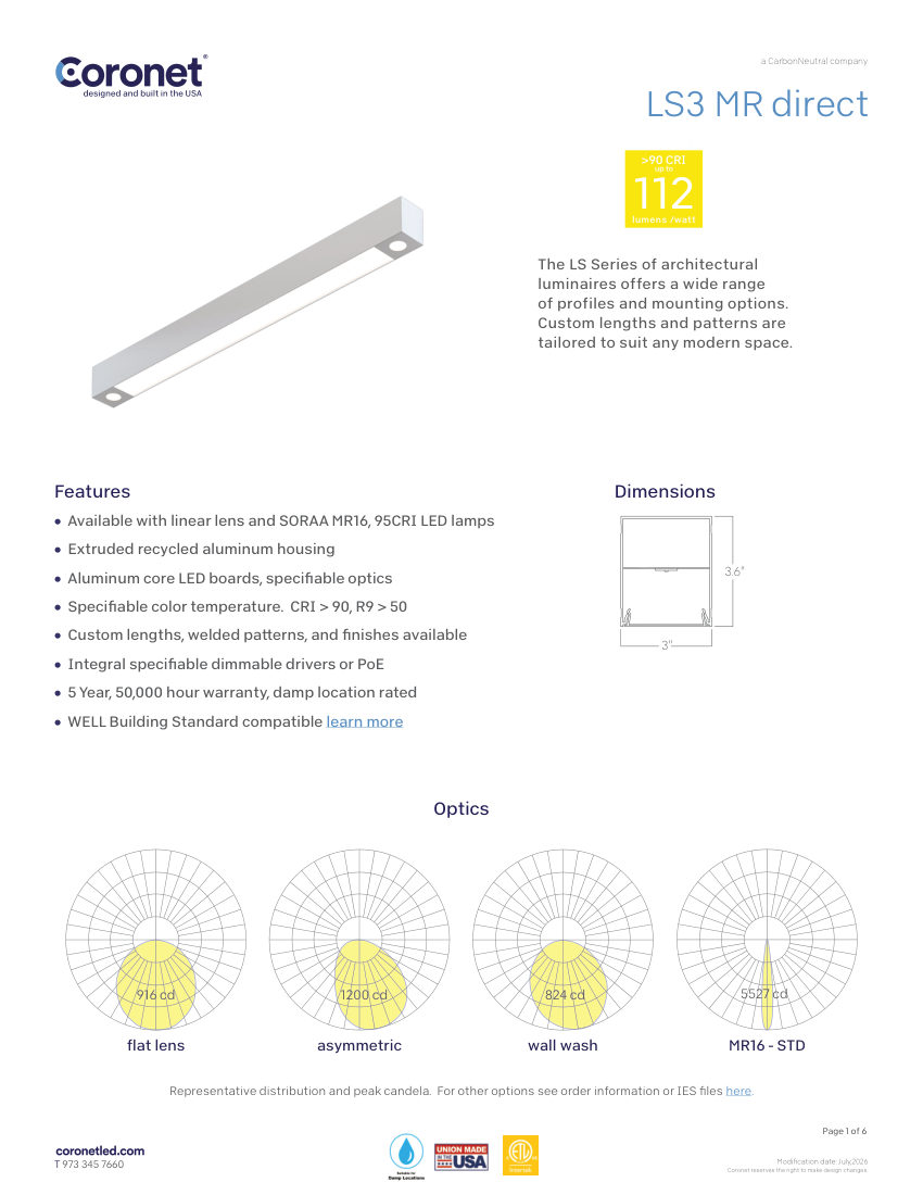 Coronet LS3-MR cut sheet — first page