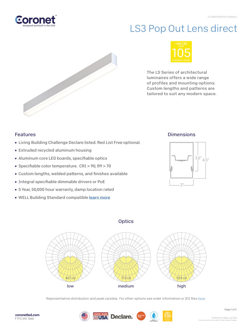 Coronet LS3-POP-OUT-LENS cut sheet — first page