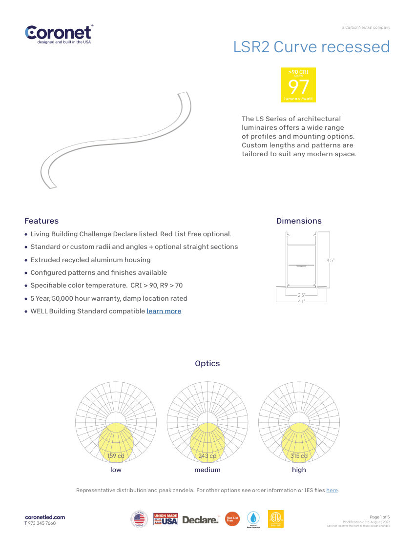 Coronet LSR-CURVE-CUSTOM-LUMINAIRE cut sheet — first page
