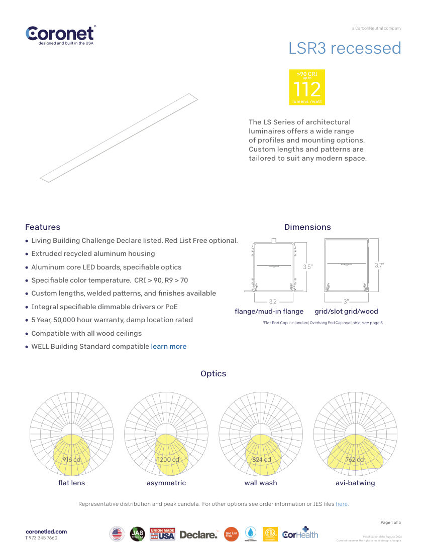 Coronet LSR3-LINEAR-RECESSED-LED-LIGHTING-FIXTUR cut sheet — first page