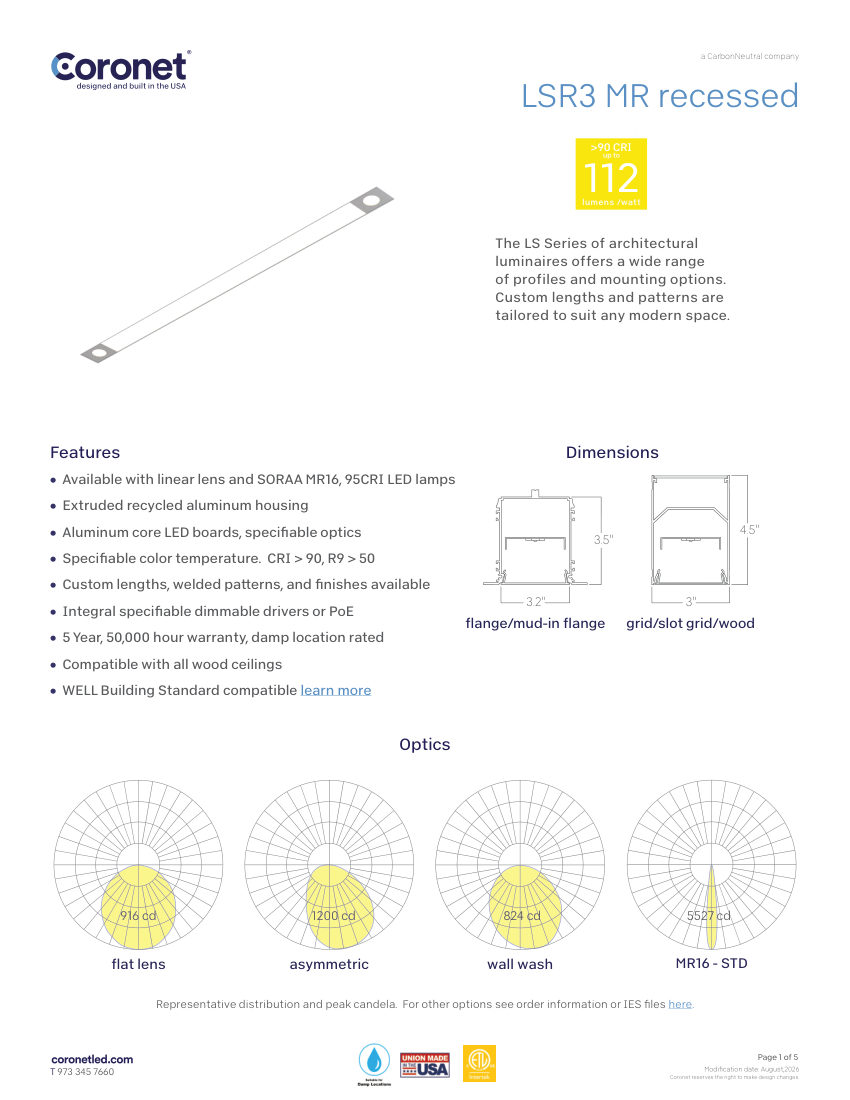 Coronet LSR3-MR-LED-LINEAR,-RECESSED-LUMINAIRE cut sheet — first page
