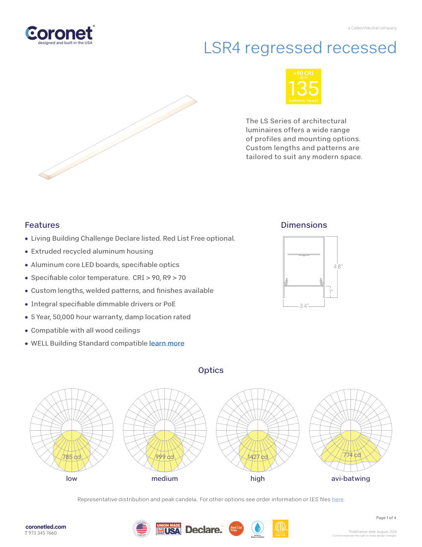 Coronet LSR4-LED-CORONET-LIGHTING-FIXTURE cut sheet — first page